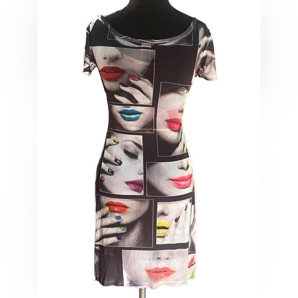 Vtg Y2K Semi Sheer Mesh Pop Art Disco Mini Dress Face Print Retro Punk Coverup - Picture 3 of 5